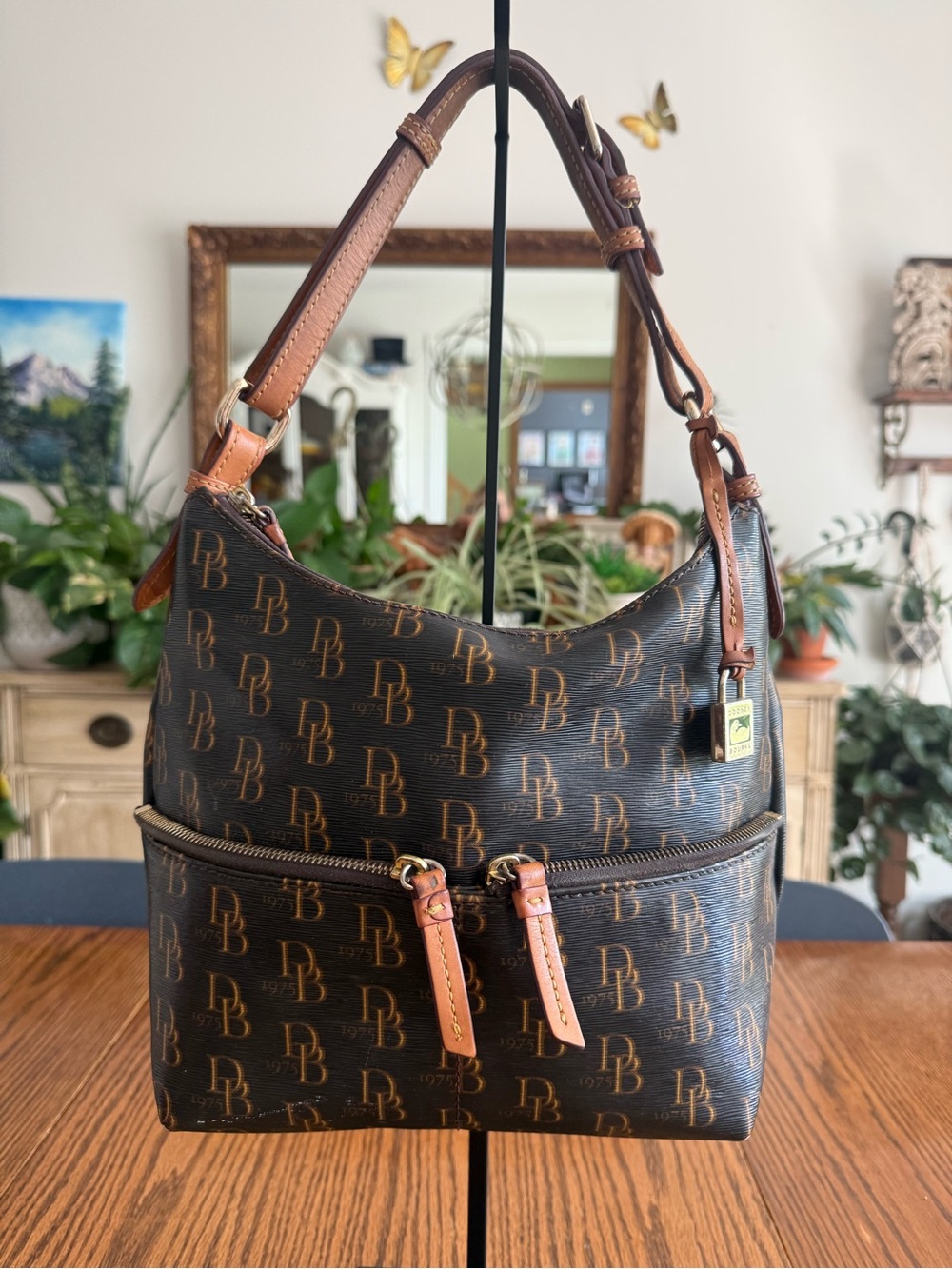 Dooney & Bourke Brown Monogram Hobo Shoulder Bag with Tan Trim